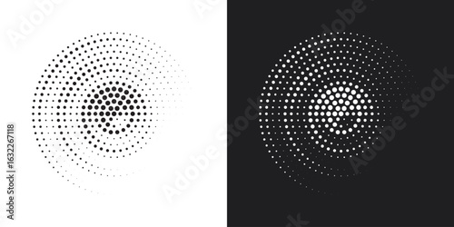 Halftone circle frame dotted background set. Round border Icon using halftone random circle dots raster texture. Grunge circular stain. Vector illustration.