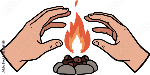 Two hands warming by a hand-drawn fire in a campfire setting  