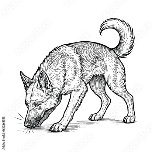 Detailed illustration of a dog sniffing the ground