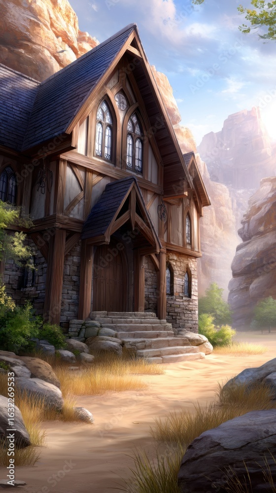 Fototapeta premium A gothic inn, depicted with incredible detail, sits leftward in a desert landscape, its 1-giixel rende showcasing a fantastical, standard v2-3000h quality.
