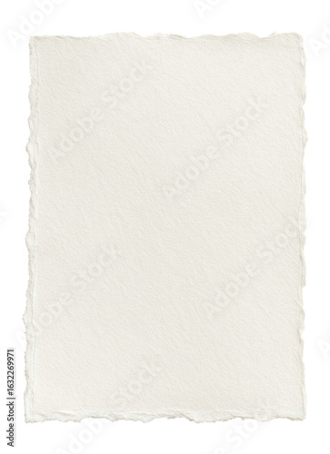 Textured sheet of white handmade paper with deckled edges on transparent background.