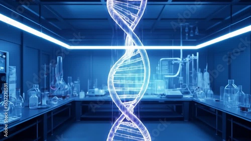 Glowing Blue DNA Strand Illuminated In A Laboratory Environment With Scientific Equipment