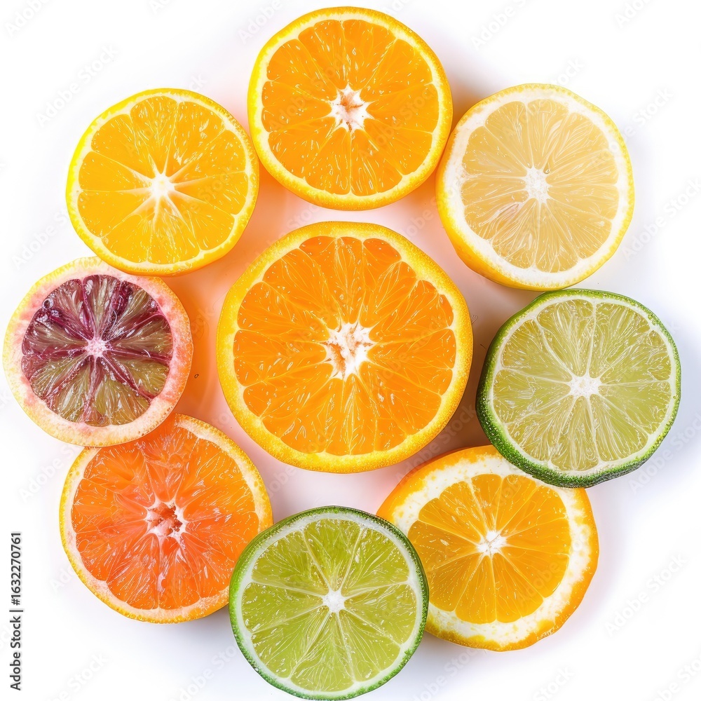 Obraz premium Citrus slices arranged in a circle on white background. Brightly colored citrus fruits, including oranges, lemons, limes, and blood oranges, are sliced and laid out in a circular pattern.