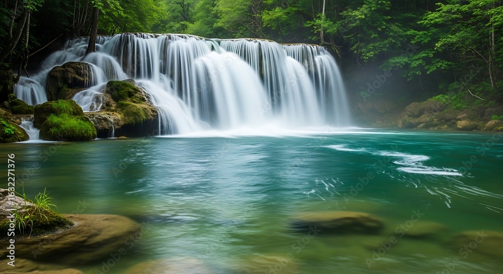 Fototapeta premium Serene Forest Waterfall with Turquoise Pool