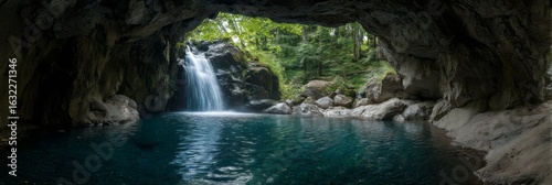 360° waterfall adventure in forest panorama