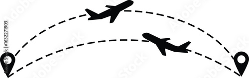 Two airplanes gracefully navigate their flight paths, illustrated with dotted lines symbolizing journeys, accompanied by location markers.