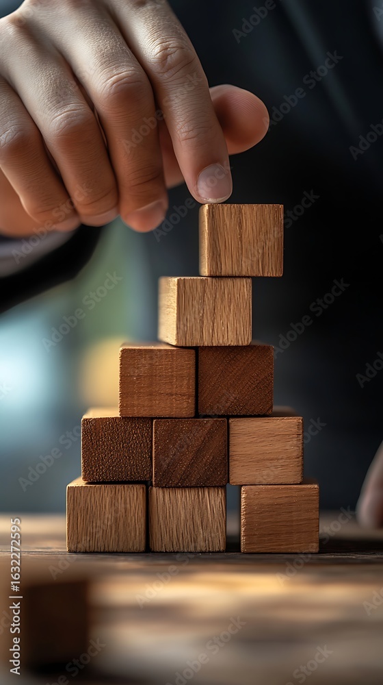 Hand Places Wooden Block atop Stacked Cubes on Table, Building a Pyramid Structure Hand Places Wooden Block atop Stacked Cubes on Table, Building a Pyramid Structure