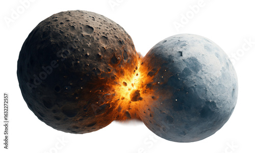 Two planets collide dramatically, creating a fiery explosion and scattering debris in space on transparent background.