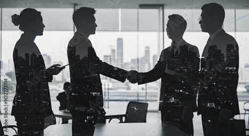 Business Professionals Handshake Silhouette with City Overlay