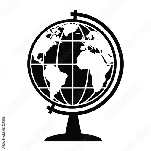 Black and white silhouette of a globe on a stand showing continents and meridians world earth