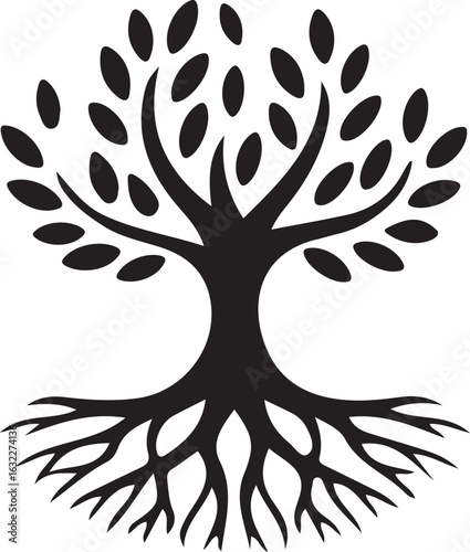 Silhouette of a Tree with Roots and Leave