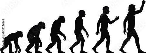 Human evolution silhouette from ape to modern man with raised hand gesture, development concept, biology history, timeline illustration