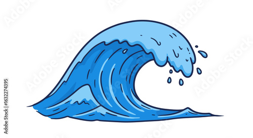 A stylized blue ocean wave with frothy white crests and droplets outlined in dark blue