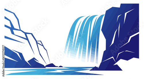 A geometric waterfall cascades into a body of water between two rocky cliffs