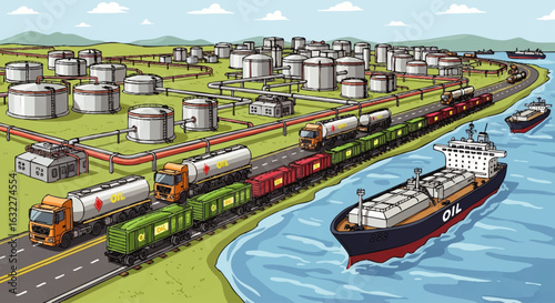 Oil refinery complex with train and tankers transporting petroleum products.