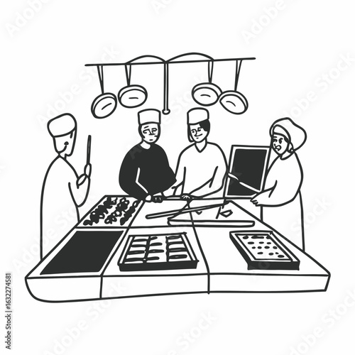 Chefs collaborating in a bustling kitchen preparing food for service