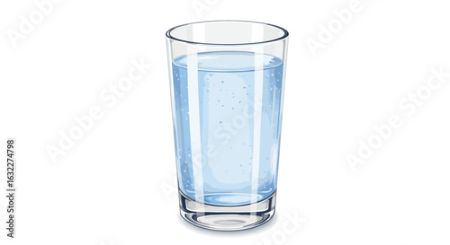 A tall clear glass filled with water small bubbles are visible throughout