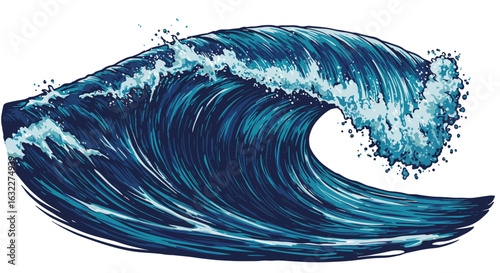 A large stylized ocean wave curls with foam and dark blue water
