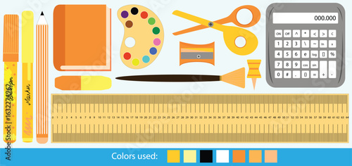 orange and yellow theme back to school supplies kit clip art set. Calculator, scissors, brush and color palette, eraser, diary, scale, pencil, marker, brush pen, bobby pin hand drawn vector clip art. 