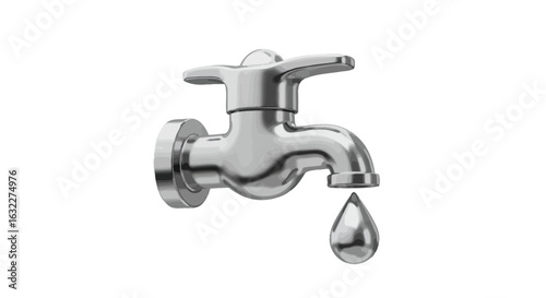 A shiny chromelike faucet is shown with a single reflective water drop suspended beneath its spout
