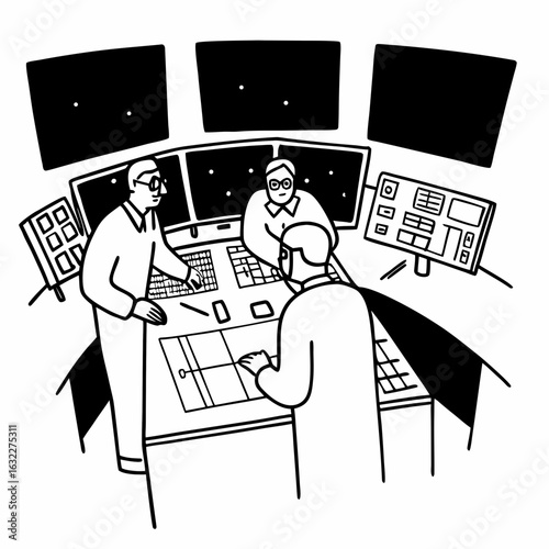 Professionals collaborating around control center monitors, strategizing for success