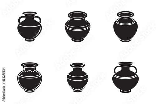 Collection of Ancient Pottery Vessels and Amphorae Silhouettes on a White Background for Historical and Archaeological Projects