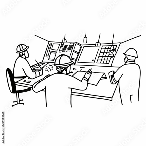 Workers in hard hats collaborate at control panels, planning operations meticulously.