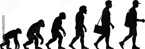 Human evolution silhouette from ape to modern man with bag and cap, timeline concept, biology, anthropology, progression stages