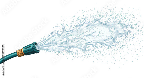 Green hose sprays water creating splash  drops