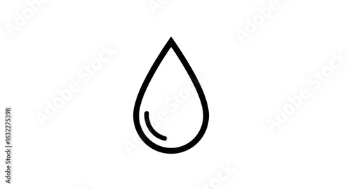 A black outline of a water droplet with a reflection on the lower left side set against a white background
