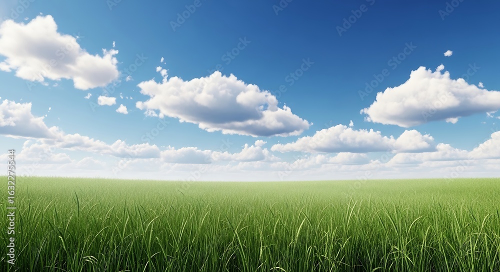 Obraz premium Vast Green Meadow Under a Blue Sky with Fluffy Clouds