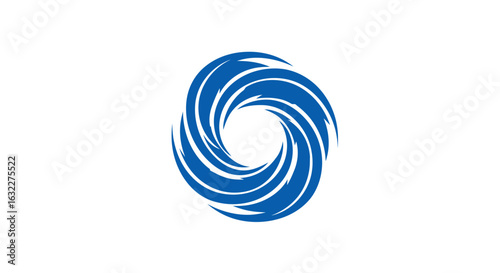 Blue circular design with spirallike sharpedged shapes against a plain white background