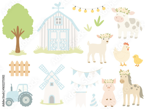 Farm animals and countryside elements celebrating a birthday party set