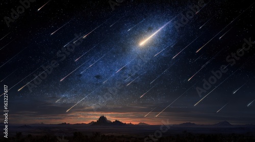 Meteor shower over desert landscape