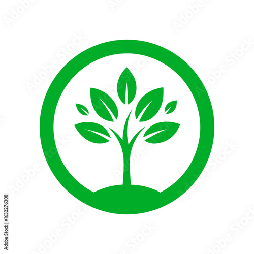 Tree growing inside green leaf circle icon for eco growth and nature conservation