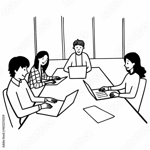 Team collaborating effectively on laptops during a modern business meeting session