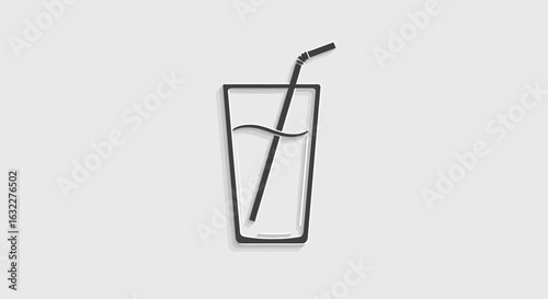 A stylized glass with a black straw is halffilled with liquid