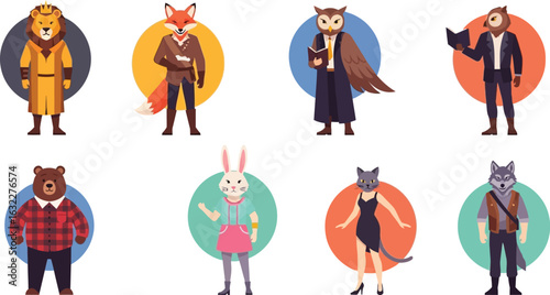 Illustrations of anthropomorphic animals dressed in clothing on circular color backgrounds