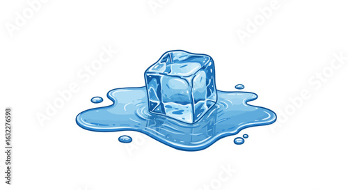 Cartoon ice cube sits atop a puddle of water implying melting