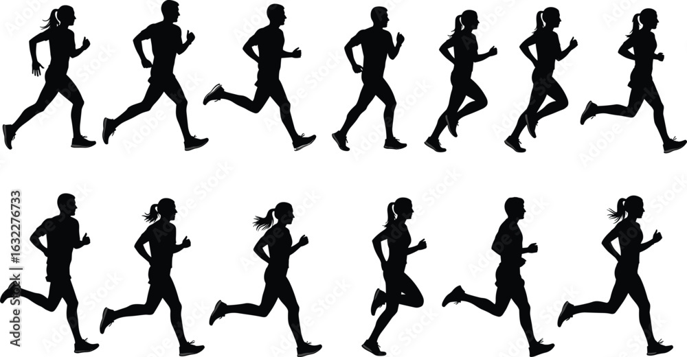 Naklejka premium Black silhouette set of runners in motion, athletic figures in sprinting poses, dynamic running posture collection, sports vector illustration set