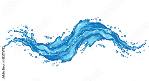 Stylized vector illustration of a blue water splash with droplets on a white background