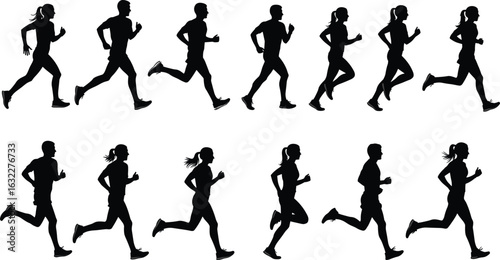 Black silhouette set of runners in motion, athletic figures in sprinting poses, dynamic running posture collection, sports vector illustration set