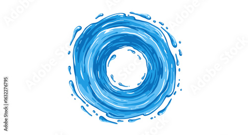 A circular stylized depiction of flowing blue water with droplets set against a blank white backdrop