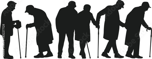 Silhouettes of elderly men with walking canes, old age mobility, senior citizens, standing and walking, aging and support