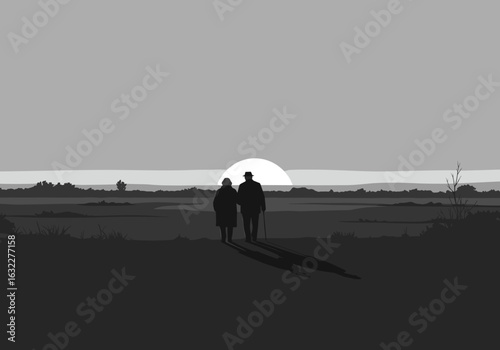Lonely elderly couple walking together at sunset, silhouetted against a gray landscape  