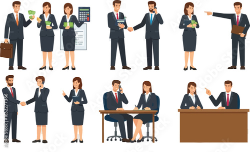 Illustration of business people in various poses and interactions on a transparent background
