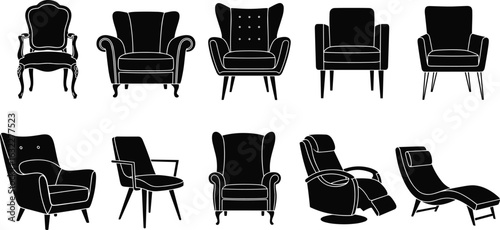 Chair silhouettes, furniture design, black vector, modern and classic styles, seating variety, interior decor, armrest shapes, leg structure