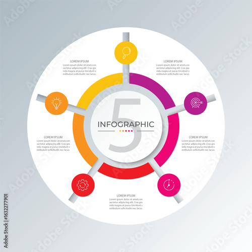 5 points circular infographic element template with icons, vector illustration