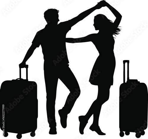Dancing travelers silhouette, joyful travel moment, couple with suitcases, airport celebration, vector art, travel dance, tourism concept