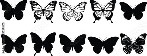 Butterfly silhouettes, insect wing icons, black butterfly graphics, detailed wing patterns, nature illustration, flying insect shapes, entomology design, vector butterflies
